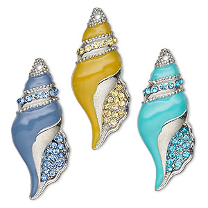 Focal, Charmed, glass rhinestone / enamel / imitation rhodium-finished &quot;pewter&quot; (zinc-based alloy), blue / yellow / turquoise blue, 43x17mm single-sided shell. Sold per 3-piece set.