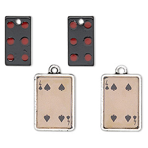 Charm, Charmed, resin / enamel / antique silver-finished &quot;pewter&quot; (zinc-based alloy), brown / black / red, 17.5x9mm single-sided domino with 6 dots and 20x14mm single-sided playing card with 4 of spades. Sold per 4-piece set.