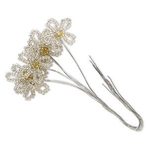 Wire pick, glass and steel, silver-lined clear and yellow, 4-1/2 inches with 20x19mm flower. Sold per pkg of 6.