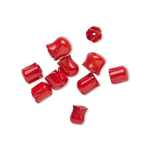 Bead mix, bamboo coral (dyed), red, 4mm-7x6mm carved tulip, B- grade, Mohs hardness 3-1/2 to 4. Sold per pkg of 10.
