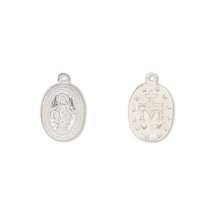 Drop, sterling silver, 12x9mm two-sided oval with Mother Mary. Sold individually.