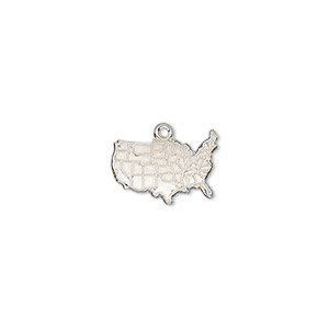 Charm, sterling silver, 14x10mm single-sided textured USA map. Sold individually.