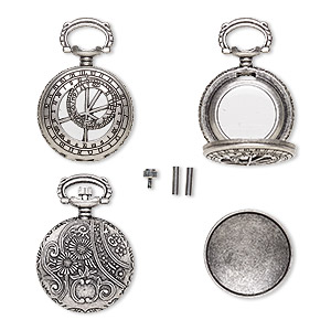 Watch body, acrylic and antique silver-finished &quot;pewter&quot; (zinc-based alloy), transparent clear, 41x27mm with 27mm round and dial with floral design. Sold per 5-piece set.
