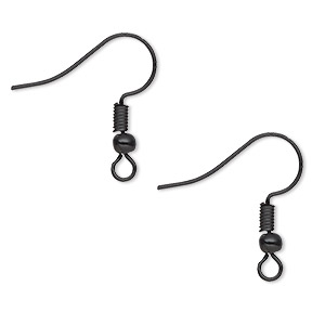 Ear wire, black-finished brass, 20mm fishhook with 3mm ball and 4mm coil with open loop, 21 gauge. Sold per pkg of 20 pairs.