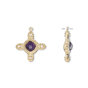 Drop, amethyst (natural) / cubic zirconia / gold-finished sterling silver, clear, 15mm double-sided cross. Sold individually.