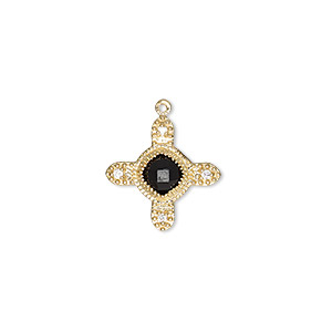 Drop, black onyx (dyed) / cubic zirconia / gold-finished sterling silver, clear, 15mm double-sided cross. Sold individually.