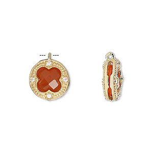 Drop, carnelian (dyed / heated) / cubic zirconia / gold-finished sterling silver, clear, 12mm two-sided faceted round. Sold individually.