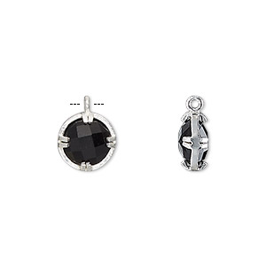 Drop, black onyx (dyed) and sterling silver, 10mm double-sided faceted round. Sold individually.