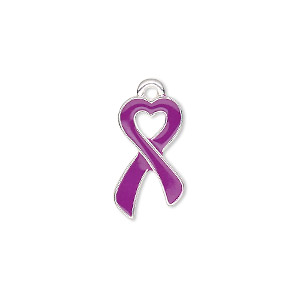 Charm, enamel and silver-finished &quot;pewter&quot; (zinc-based alloy), purple, 18x10.5mm single-sided awareness ribbon heart. Sold per pkg of 2.