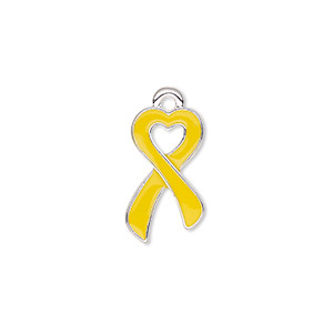 Charm, enamel and silver-finished &quot;pewter&quot; (zinc-based alloy), yellow, 18x10.5mm single-sided awareness ribbon heart. Sold per pkg of 2.