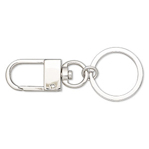 Key ring, imitation rhodium-finished brass and steel, 59x25.5mm overall  with 25.5x14.5mm self-closing lobster claw on a swivel and 25.5mm split  ring. Sold per pkg of 5. - Fire Mountain Gems and Beads