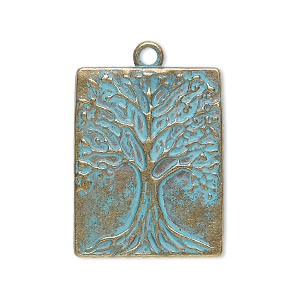 Drop, antique brass-finished &quot;pewter&quot; (zinc-based alloy), green patina, 28x22mm single-sided rectangle with tree of life. Sold per pkg of 2.