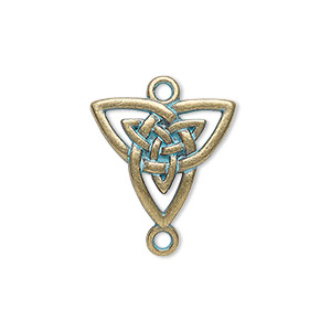 Link, antique brass-finished &quot;pewter&quot; (zinc-based alloy), green patina, 19.5x17mm single-sided curved Celtic triangle knot. Sold per pkg of 4.