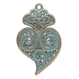 Focal, antique brass-finished &quot;pewter&quot; (zinc-based alloy), green patina, 37x25mm single-sided fancy heart. Sold per pkg of 4.