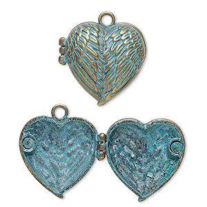 Focal, antique brass-finished &quot;pewter&quot; (zinc-based alloy), green patina, 31x30mm double-sided hinged heart locket with angel wing and magnetic closure. Sold individually.