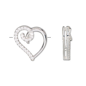 Slide, sterling silver and cubic zirconia, clear, 17mm single-sided open heart, 4x1mm hole. Sold individually.
