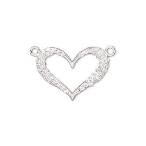 Link, sterling silver and cubic zirconia, clear, 22x16.5mm single-sided open heart. Sold individually.