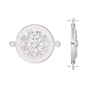 Link, sterling silver and cubic zirconia, clear, 19.5mm single-sided round with flower design. Sold individually.
