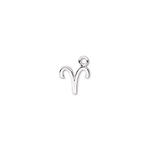 Charm, sterling silver, 9mm single-sided Aries zodiac symbol. Sold individually.