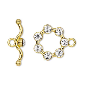 Clasp, toggle, glass rhinestone and gold-finished &quot;pewter&quot; (zinc-based alloy), clear, 19mm round. Sold individually.