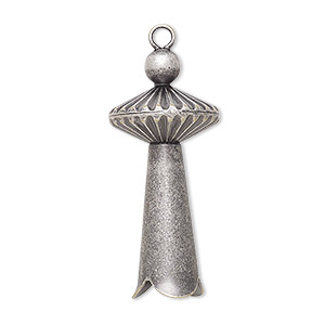 Focal, antique silver-plated brass and &quot;pewter&quot; (zinc-based alloy), 34x15mm 3D squash blossom. Sold per pkg of 2.