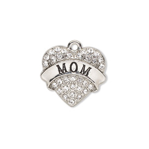 Charm, glass / enamel / silver-finished &quot;pewter&quot; (zinc-based alloy), clear and black, 20x18mm single-sided heart with &quot;MOM.&quot; Sold individually.