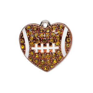 Charm, glass / painted enamel / silver-finished &quot;pewter&quot; (zinc-based alloy), copper / brown / white, 25.5x23mm single-sided domed football heart. Sold individually.