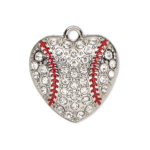Charm, enamel / glass / silver-finished &quot;pewter&quot; (zinc-based alloy), clear and red, 26.5x26mm single-sided domed baseball heart. Sold individually.