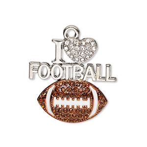 Charm, glass / painted enamel / silver-finished &quot;pewter&quot; (zinc-based alloy), brown / white / clear, 26.5x26mm single-sided &quot;I heart FOOTBALL&quot; with football. Sold individually.
