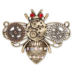 Focal, glass / antique gold- / copper- / silver-finished &quot;pewter&quot; (zinc-based alloy), clear AB and red, 2x1-1/2 inch single-sided gear bee with 2 loops. Sold individually.