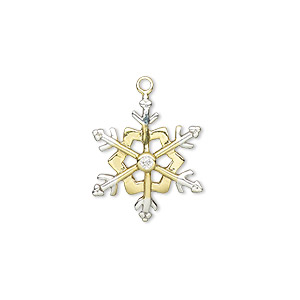 Charm, gold-finished sterling silver and cubic zirconia, two-tone gold and silver / clear, 19x16mm single-sided snowflake. Sold individually.