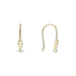 Ear wire, gold-finished sterling silver and cubic zirconia, clear, 17mm fishhook with open loop, 21 gauge. Sold per pair.