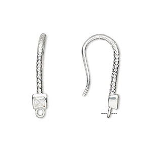 Ear wire, cubic zirconia and sterling silver, clear, 24mm textured fishhook with 4mm faceted square and closed loop, 15 gauge. Sold per pair.