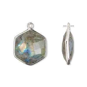 Drop, labradorite (natural) and sterling silver, 18x17mm-20x18mm hand-cut double-sided faceted hexagon. Sold individually.