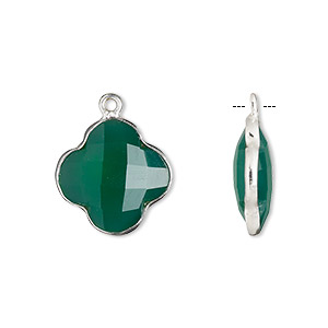 Drop, green onyx (dyed) and sterling silver, green, 16-17mm hand-cut double-sided faceted clover. Sold individually.
