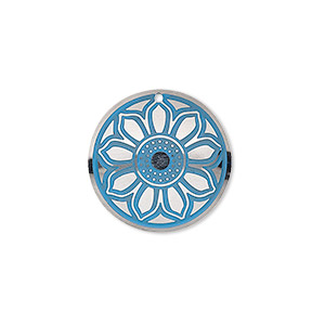 Drop, stainless steel, blue patina, 20mm single-sided domed round with flower design. Sold per pkg of 4.