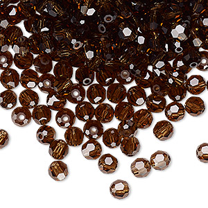 Bead, Preciosa Czech crystal, smoke topaz, 4mm faceted round. Sold per pkg of 24.