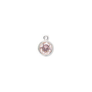 Drop, cubic zirconia and sterling silver, rose pink, 7mm faceted round. Sold individually.