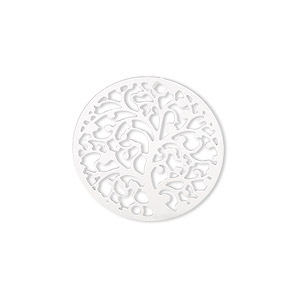 Link, Lazer Lace&#153;, stainless steel, 22mm single-sided domed round with tree design. Sold per pkg of 4.