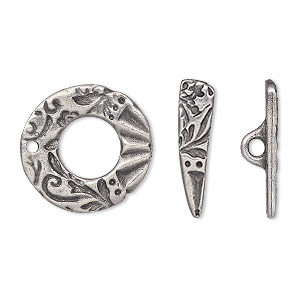 Clasp, TierraCast&reg;, &quot;Vida Mas Dulce&quot; collection, toggle, antiqued pewter (tin-based alloy), 19.5x19mm ring with flora design. Sold individually.