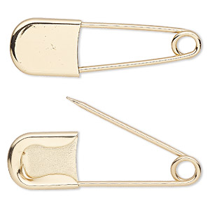 Safety pin, gold-finished steel and pewter (zinc-based alloy), 2