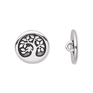 Button, TierraCast&reg;, antique silver-plated pewter (tin-based alloy), 16mm flat round with bird in a tree and closed loop. Sold per pkg of 2.