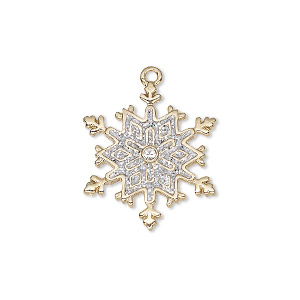 Charm, enamel / glass rhinestone / gold-finished &quot;pewter&quot; (zinc-based alloy), clear and white with silver-colored glitter, 22x19.5mm single-sided snowflake. Sold individually.