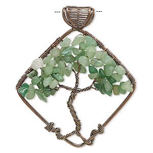 Pendant, antique copper-finished copper and green aventurine (natural), 65x55mm single-sided open diamond with tree of life design and 5x4mm bail. Sold individually.