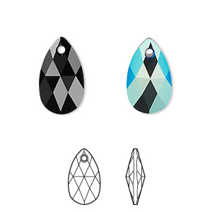 Drop, Crystal Passions&reg;, jet shimmer, 16x9mm faceted pear pendant (6106). Sold per pkg of 2.