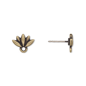Earstud, TierraCast&reg;, &quot;Make a Statement&quot; collection, antique brass-plated pewter, 11.5x7mm lotus with renewal theme and closed loop with titanium post. Sold per pair.