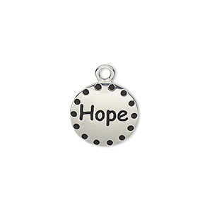 Drop, enamel and imitation rhodium-plated &quot;pewter&quot; (zinc-based alloy), black, 14.5mm single-sided round with &quot;Hope.&quot; Sold individually.