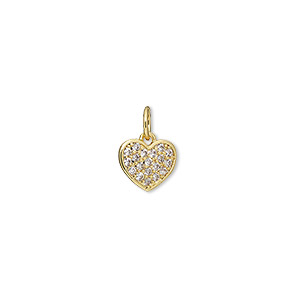 Charm, cubic zirconia and gold-finished brass, clear, 9x6mm single-sided flat heart. Sold individually.