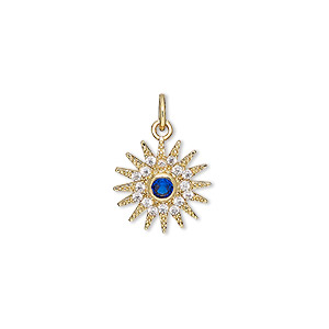 Charm, cubic zirconia and gold-finished brass, clear and blue, 13mm ...