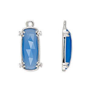 Drop, blue chalcedony (dyed) / cubic zirconia / sterling silver, clear, 21x11mm hand-cut single-sided faceted oval, Mohs hardness 6-1/2 to 7. Sold individually.
